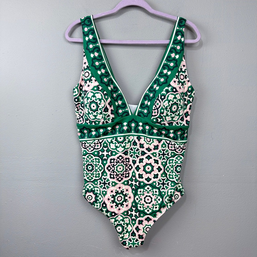 Boden One Piece Swimsuit Womens Size 16 Green Pink Geometric Tile V-Neck Porto